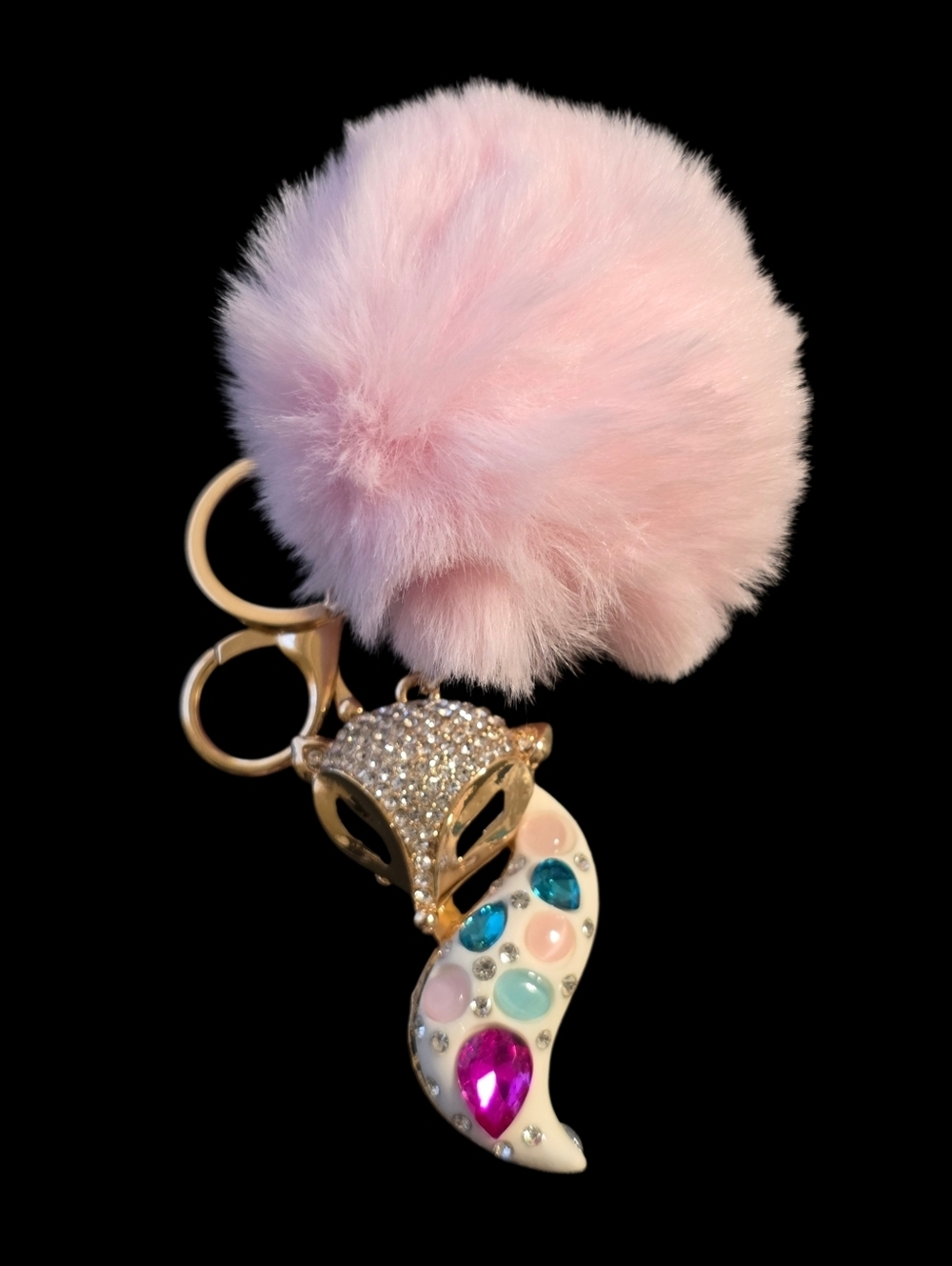 Glam Pink Fox Pom Charm Keychain Designer Style 2.5”